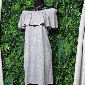 Rachel Roy Dress Size M Gray Off‎ The Shoulder Ruffle Polyester Linen Blend 2963